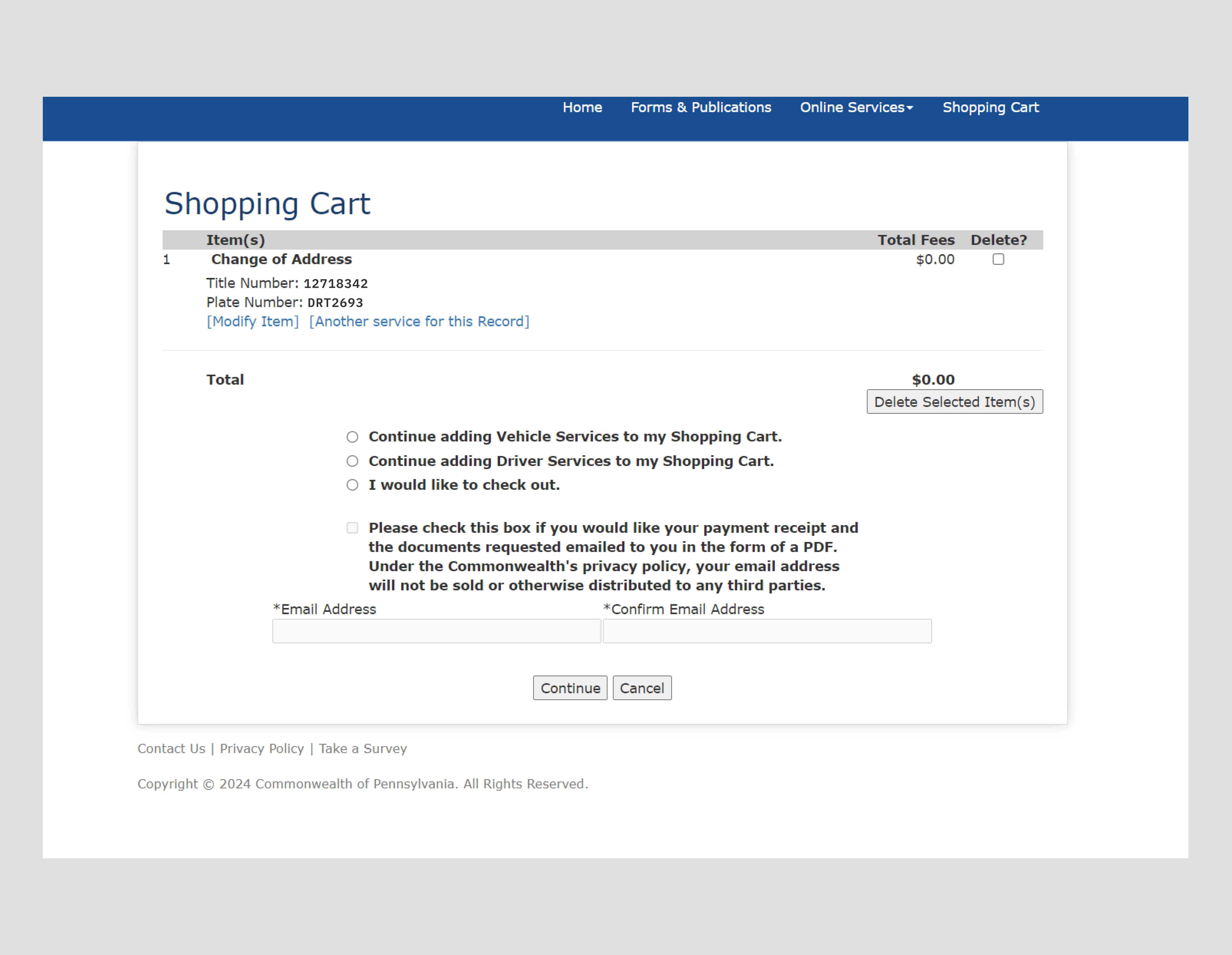 Old PennDOT Shopping cart page